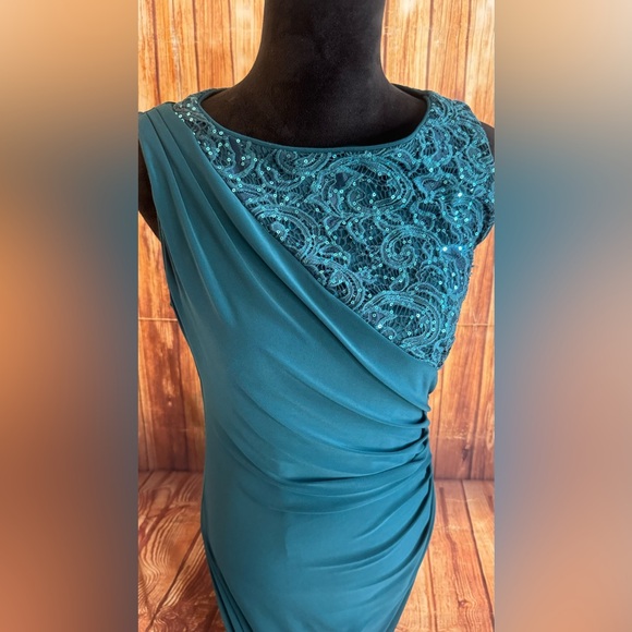 R&M Richards Women Sleeveless Green Sequined Draped Cocktail Party Long Dress 12 - Picture 3 of 12
